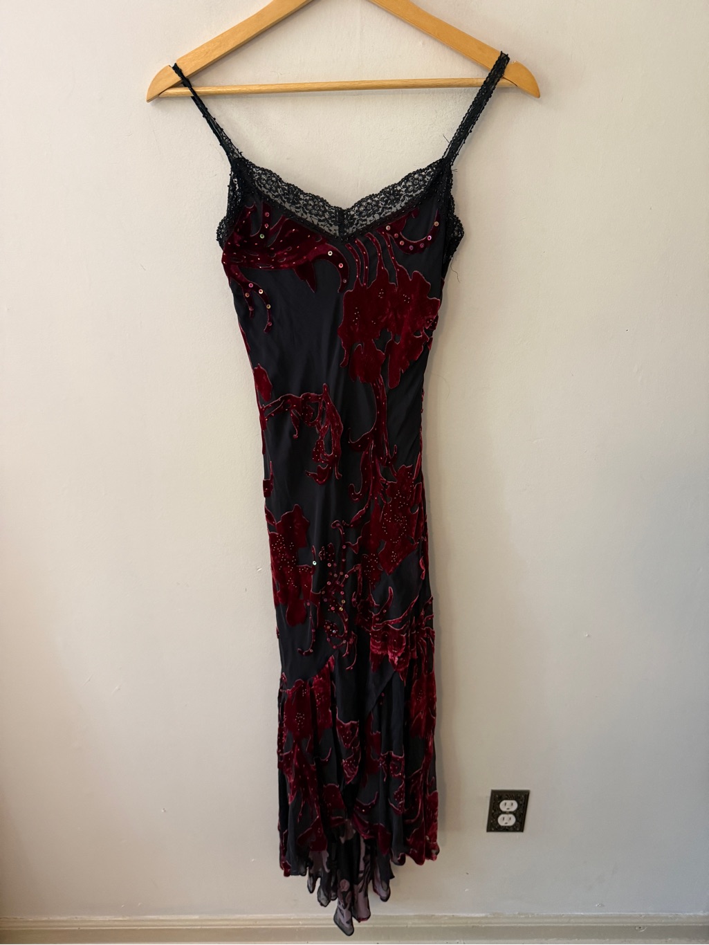 Y2k Vintage Cache Black Slip Dress With Burgundy Velvet Burnout Florals